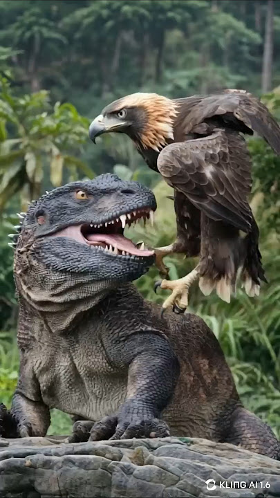 An eagle and a Komodo dragon are fighting a fierce battle. #animals #comododragon #eagle #tiger
