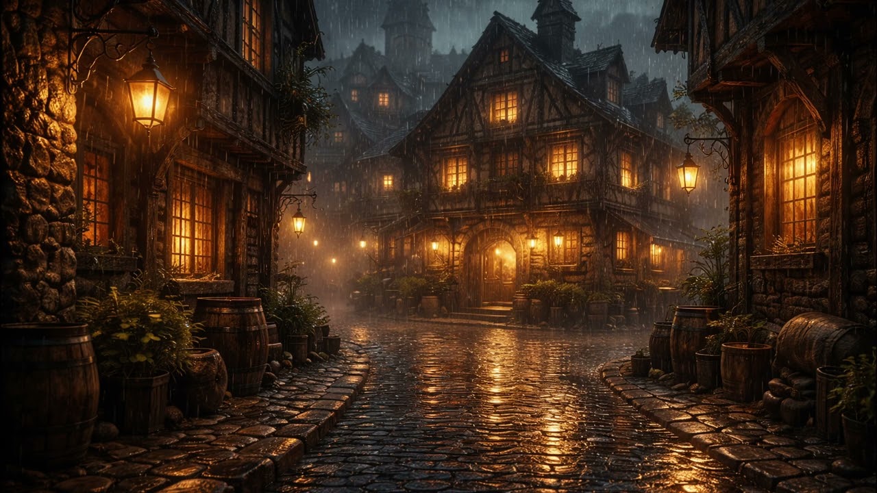 Medieval Street Ambience 🏰 Old Town Night Atmosphere for Sleep, Relax & Study (8 Hours) 4K