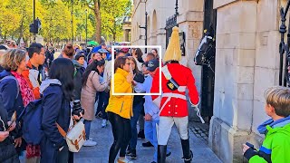 GUARD HAS TO SHOUT AT IDIOT TOURISTS TWICE - who think they're at Disney World, not Horse Guards!