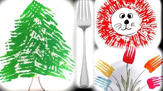 Painting Tricks | Fork Painting Ideas | Flower / Lion / X-Mas Tree / Bird