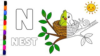 How to Draw a Bird Nest | Letter N | Easy Drawing & Coloring for Kids