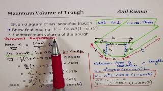 Find Expression for Maximum Volume of Trough with Trapezoidal Cross Section