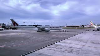 Qatar Airways Airbus A350-1000 pushback &amp; towed away at Singapore Changi International Airport.