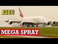 Spectacular Mega Spray Airbus A380 landing on wet runway