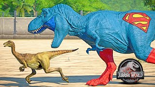 NEW! Superman T-REX vs Batman Indoraptor Dinosaurs Fight 🌍 JURASSIC WORLD EVOLUTION