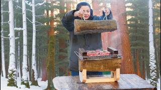 An unusual method of cooking meat on a wooden log