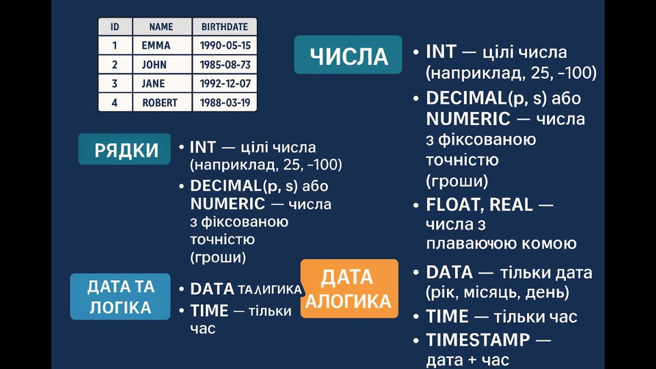 Типи даних у SQL (INT, VARCHAR, DATE, BOOLEAN…). - YouTube