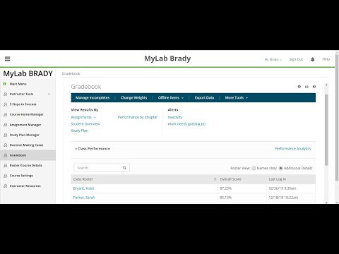 MyLab Brady:Getting Started with the Gradebook