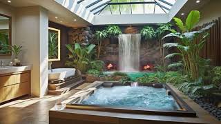 Spa in the bathroom with waterfall and fireplace, spa en el cuarto de baño con cascada y chimenea
