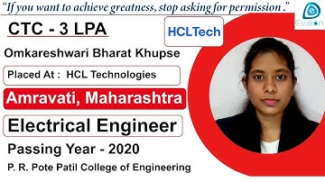 Congrats, Omkareshwari |Selected in HCL Technologies| 3 LPA |ELECTRICAL ENGINEER, PoY 2020| Amravati