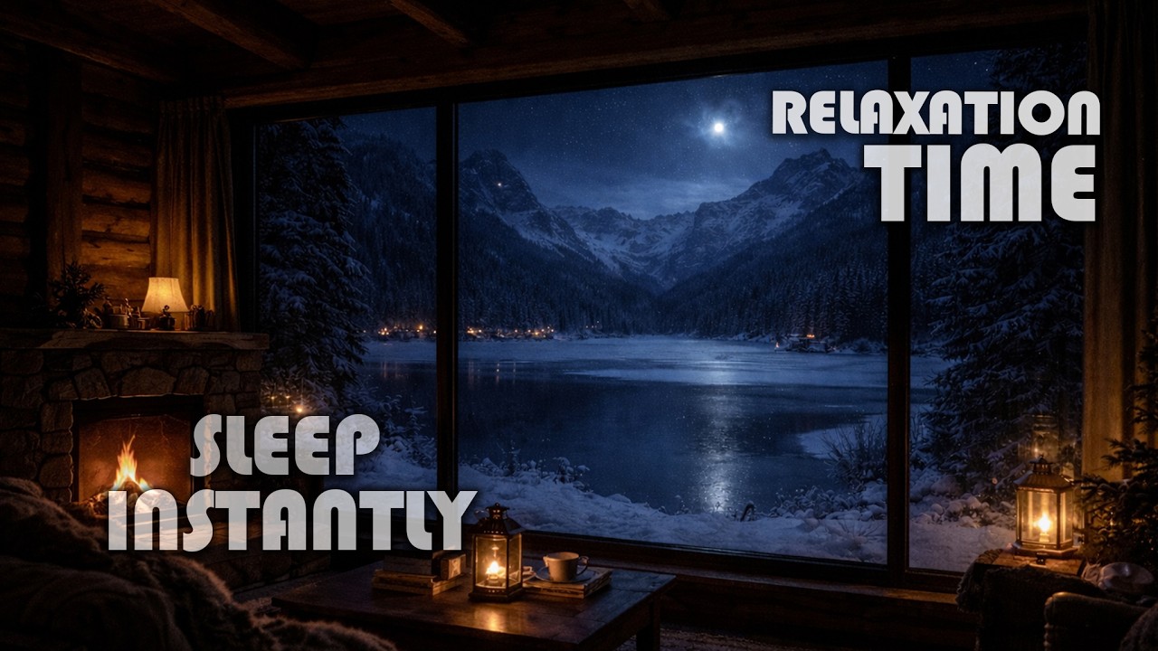Cozy Cabin with Fireplace & Snowy Lake View | Relaxing Winter Night Ambience