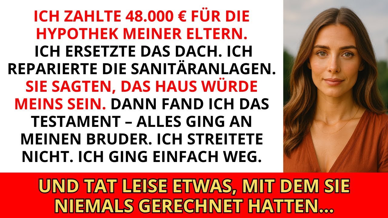 Ich zahlte 48.000 € für die Hypothek meiner Eltern. Dann fand ich ihr Testament – ALLES ging an...