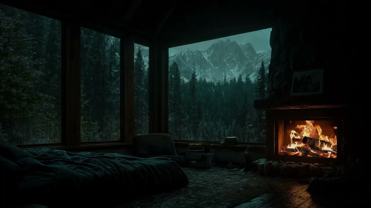 Cozy Rainy Forest Cabin Night 🌲🔥 Crackling Fireplace & Gentle Rain Sounds for Deep Sleep