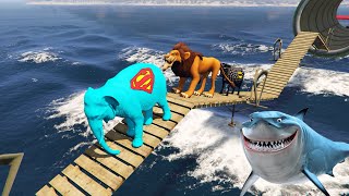 Superman Elephant, Chop, Batman Cow and Tiger dive into the water through a Pipe #2 ( GTA 5 )