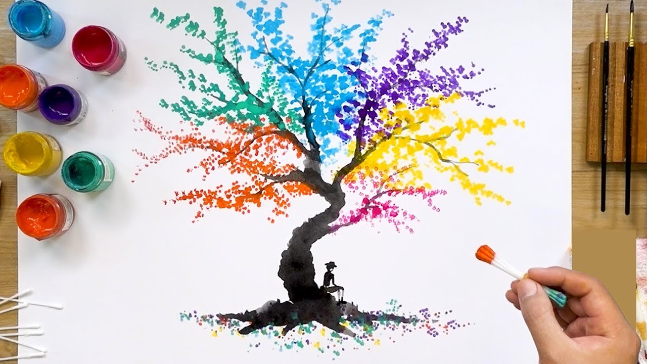 Colorful Abstract Tree Q Tip Painting Technique | Easy Creative Art - YouTube