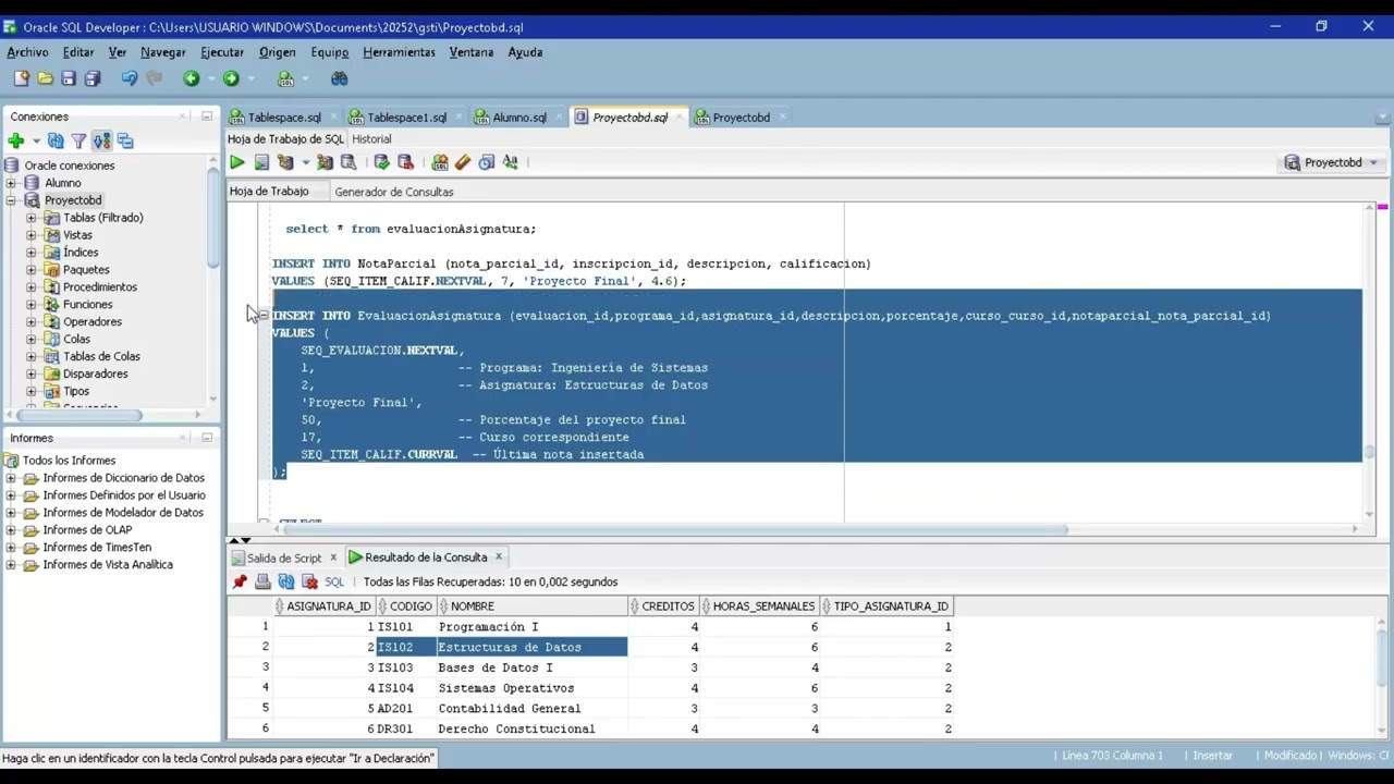 Video explicativo inserción de una evaluación en sqldeveloper