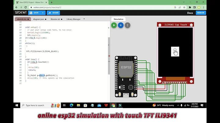 online simulation of esp32 with touch tft ILI9341 |  simulation of esp32 with touch lcd in wokwi