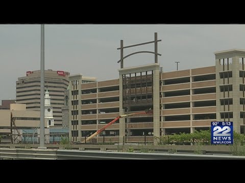 Construction underway on digital MGM sign facing I-91