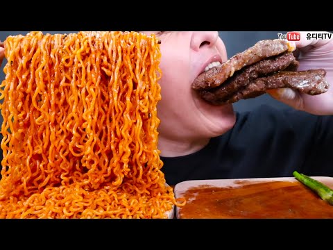 불닭볶음면4봉 &amp;amp; 뉴욕부채살스테이크 먹방도중 대참사 폭풍눈물 시청주의 SPICY FIRE NOODLES &amp;amp; <strong>NEWYORK</strong> STEAK ASMR <strong>REAL</strong> SOUND MUKBANG