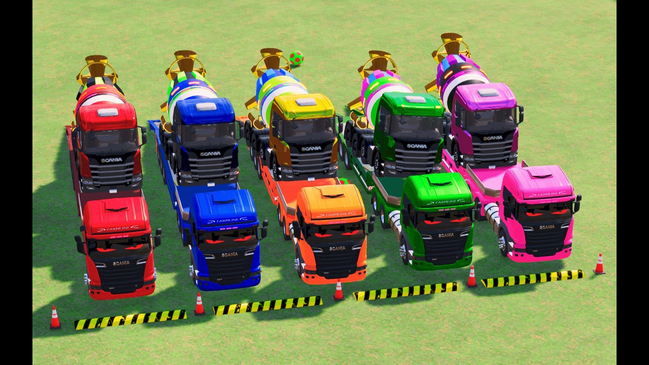 Garage with Colors  - ALL MIXER TRUCK WITH DOUBLE FLATBED TRAILER TRUCK, SCANIA, KAMAZ, NISSAN