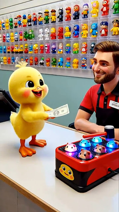 The little duck bought a whack-a-mole toy, took it home, and shared it with friends to play!