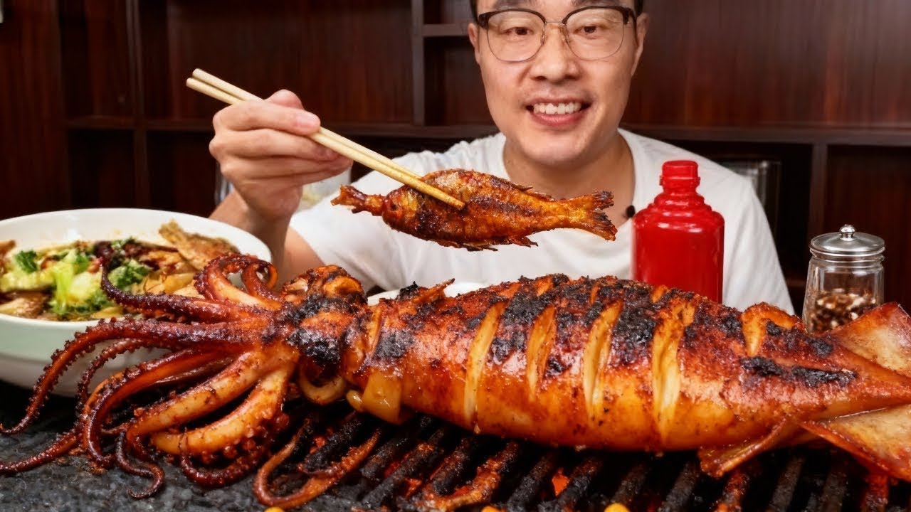 【沉浸式吃播】唰啦～的暴击！一整只颤巍巍的炭烤大鱿鱼，嚼到Q弹筋道，鲜到海浪拍脸！#咀嚼音 #烤鱿鱼 #海鲜ASMR