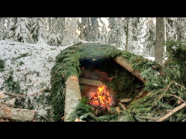 Bushcraft Survival Shelter, Winter Camping in Deep Snow, Outdoors Cooking,  Nature Sounds 