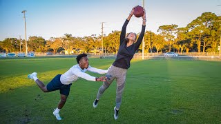 FOOTBALL 1ON1'S AGAINST MY GIRLFRIEND! (1 HAND CATCHES ONLY)