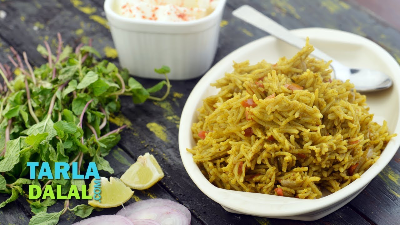 Pudina Rice, Pudina Pulao, Spicy Mint Rice recipe by Tarla Dalal
