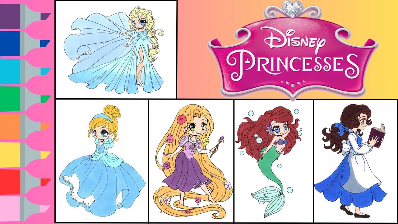Disney Princesses Coloring Book Compilation Princess Chibis | Rapunzel Ariel Elsa Belle Cinderella