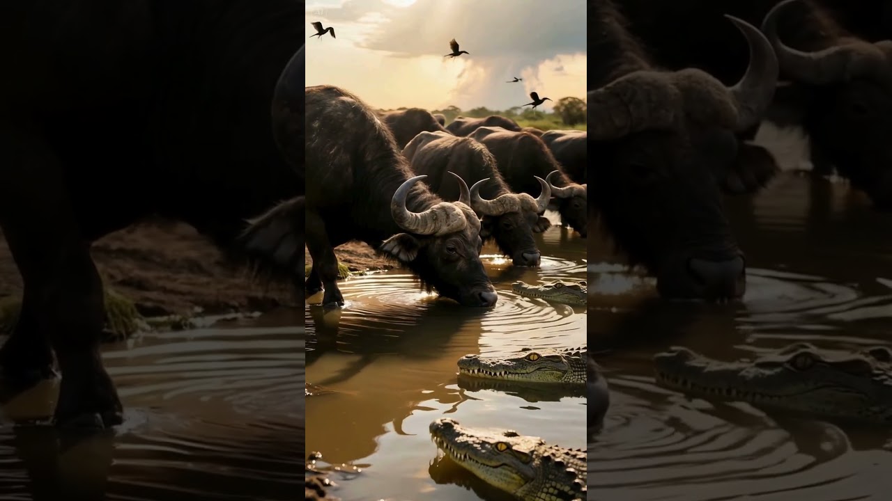 Buffalos vs Crocs 🐃🐊  A Tense River Encounter