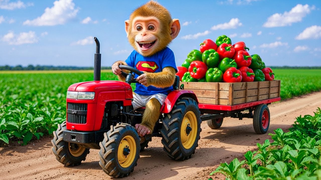 🍅💦 Zizi Monkey Drives Tractor with Bell Pepper Through Flood and Fixes the Road! 🌧️🛠️