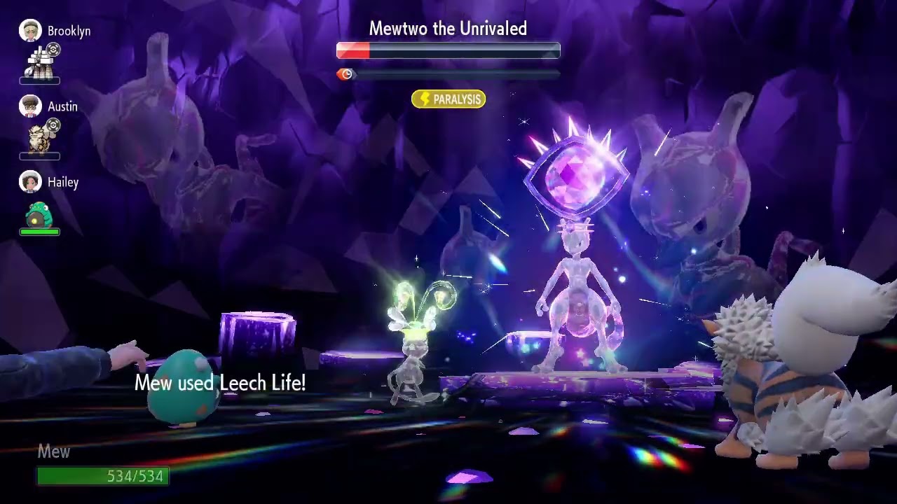 video of last 30 seconds defeating mewtwo the unrivaled tera raid SOLO with bug-tera mew