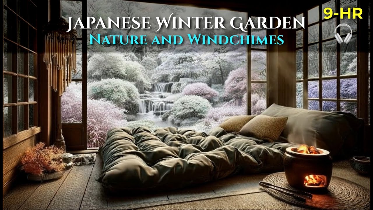 ❄️ Winter Japanese Garden (4K) - 8 HR Fire, Wind Chimes & Water for Sleep