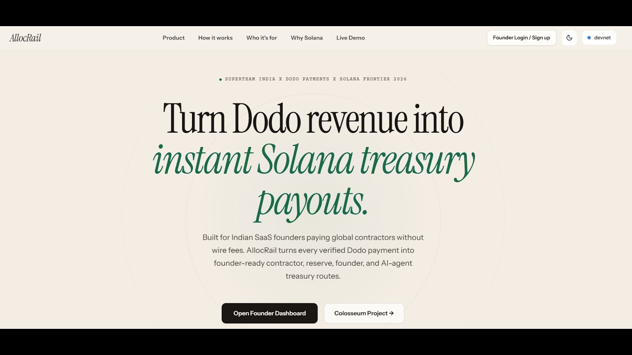 AllocRail Pitch | Post-Revenue Treasury Routing on Solana