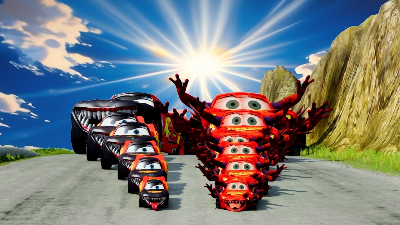 Big & Small Colors McQueen Long & Tall with Monster wheels VS Train | BeamNG.drive #1