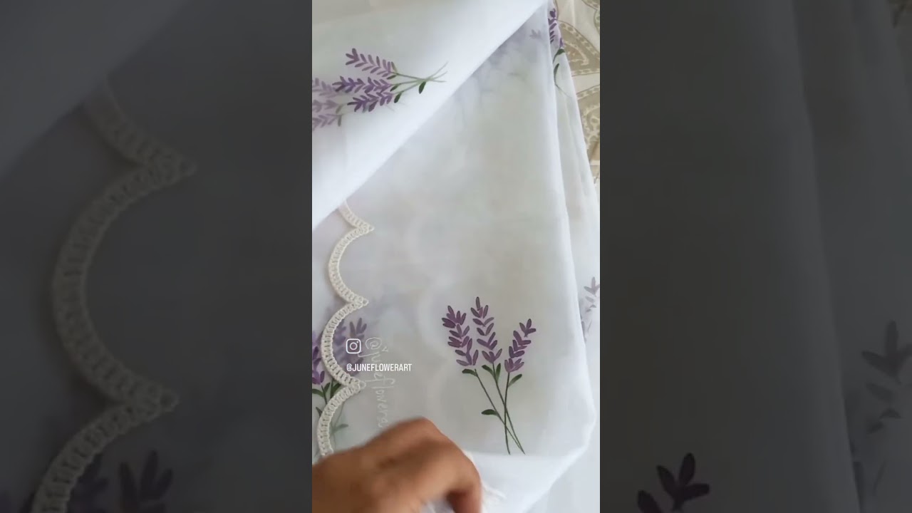Handpainted lavender flowers on organza Dupatta 