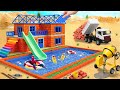 DIY Mini Tractor Builds a Strong 2-Story Brick House with Large Pool &amp; Slide | Science Project