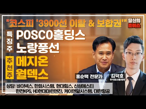 코스피 3900선 이탈 보합권 F POSCO홀딩스 노랑풍선 추천 메지온 월덱스 상담 바이넥스 한전KPS 한화시스템 HD현대마린엔진 현대힘스 케이엔알시스템 신성에스티 대한항공