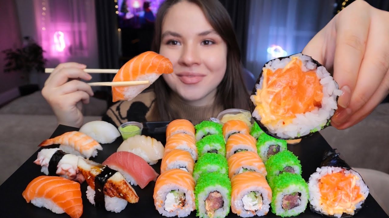 МУКБАНГ лишний вес угрожает мне ?! Все из-за мукбангов суши и роллы mukbang sushi