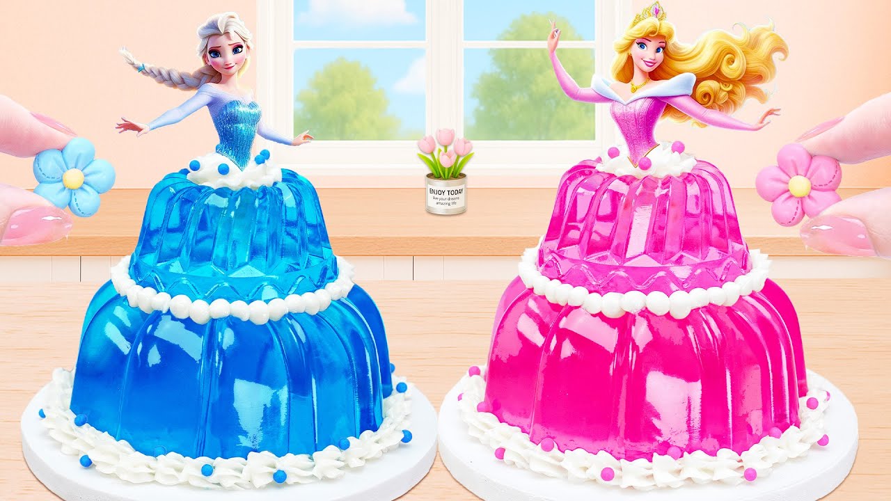 Blue vs Pink Jelly Princess Cake Challenge 💙💖 | Elsa vs Aurora | Lily Little Cake