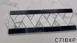 Carrara White Marble Herringbone Mosaic Border Listello Tile Black Edge Polished