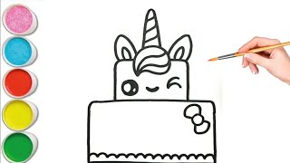 How to draw cute unicorn cake step by step, Colouring drawing and painting video for kids and toddle