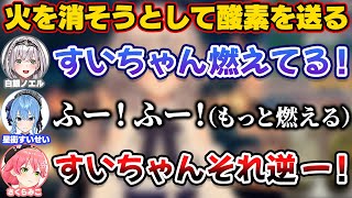 火を消そうとして息を吹きかけ酸素を送りもっと燃やしてしまうすいちゃん【ホロライブ切り抜き/白銀ノエル/星街すいせい/さくらみこ/不知火フレア/尾丸ポルカ】