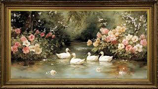 Vintage Ducks River Garden, Impressionist Oil Painting | Gold Framed Art Screensaver for TV screenshot 2