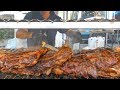 Argentina Street Food. Huge Blocks of Juicy Meat on Grill, Italy Food Fair