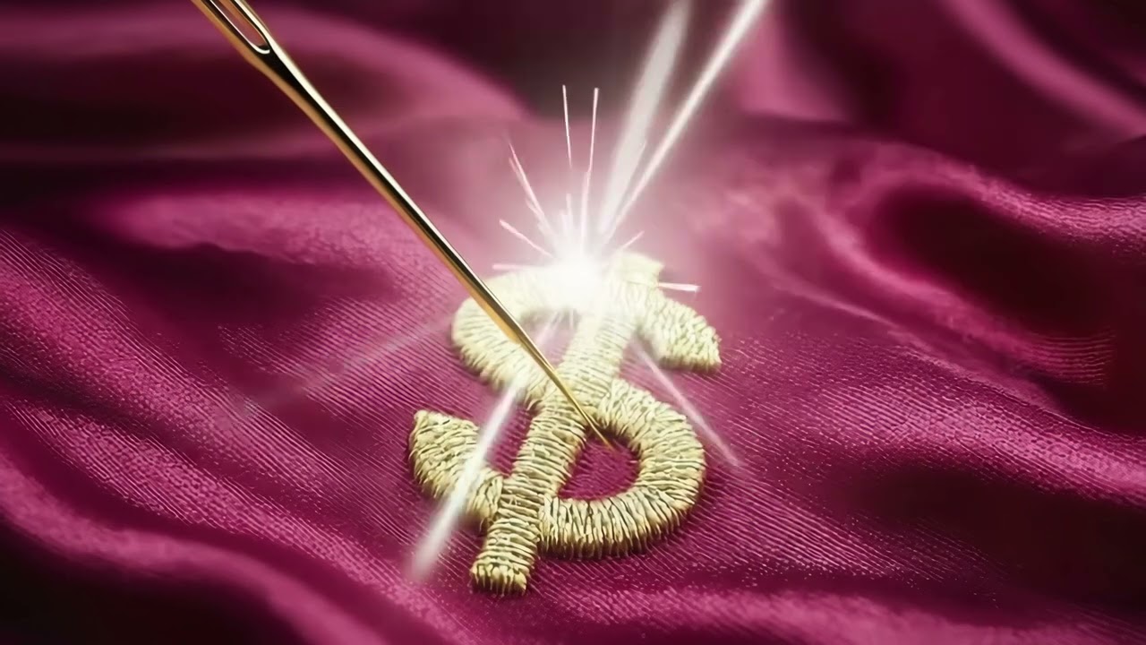 💲 A needle stitching a glowing $ sign into a flowing silk fabric - Link in bio! 