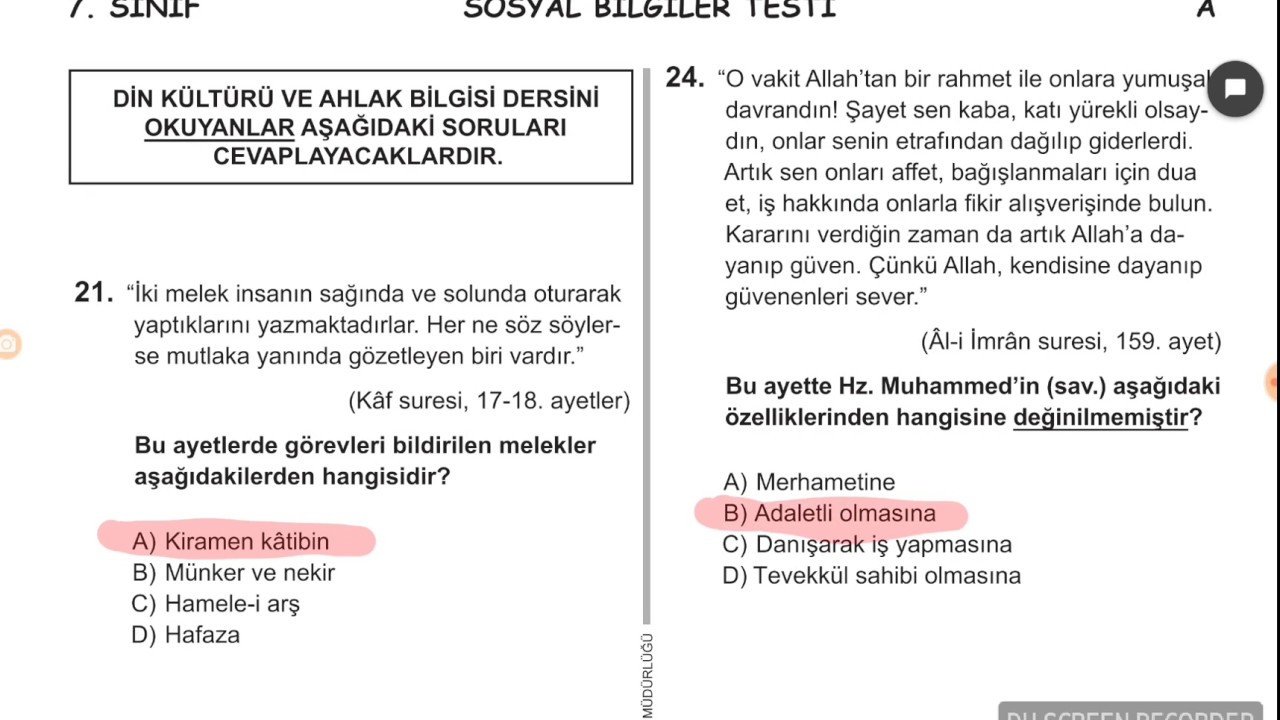 7.SINIF SOSYAL BİLGİLER BURSLULUK SINAVI SORU VE CEVAPLARI. 3 HAZİRAN