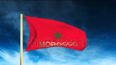 Morocco flag slider style with title. Waving in the wind with cloud background animation Stock