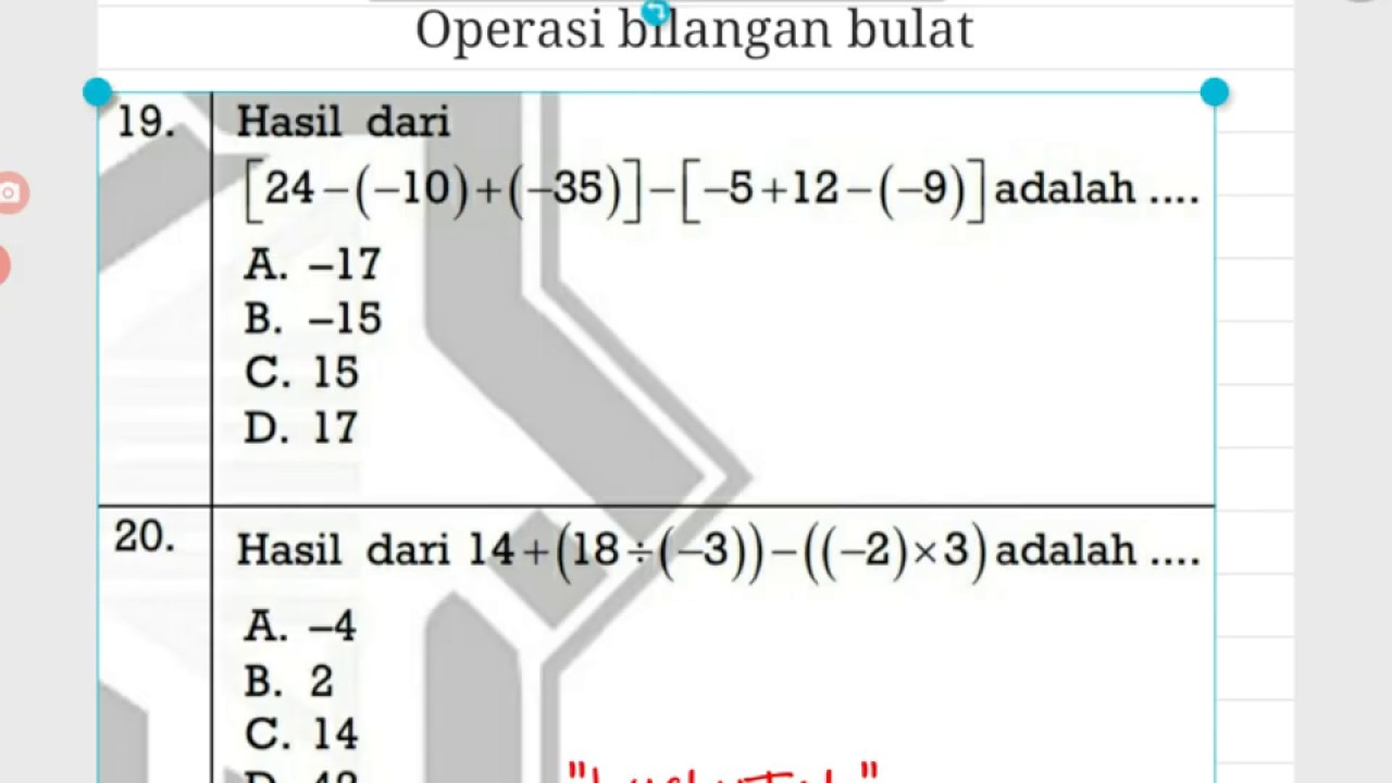 Soal pembahasan operasi bilangan bulat no 19 dan 20 ( matematika sd dan